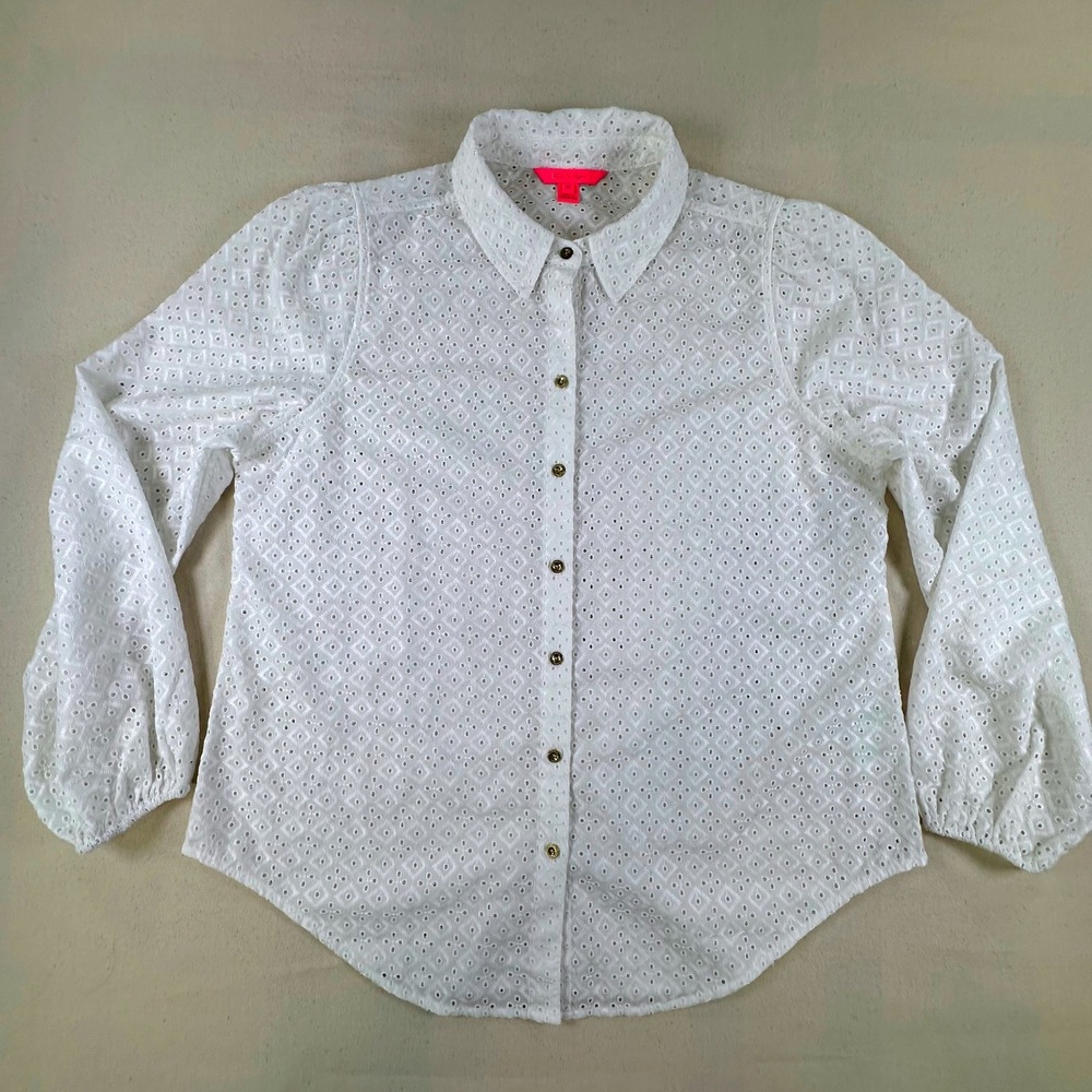Lilly Pulitzer White Eyelet Button Front Shirt Long Sleeve XL 009795